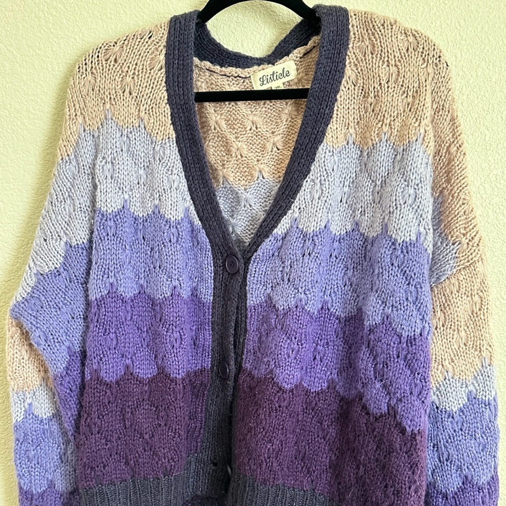 Purple gradient button knit sweater. I would wear it with white pants for Spring